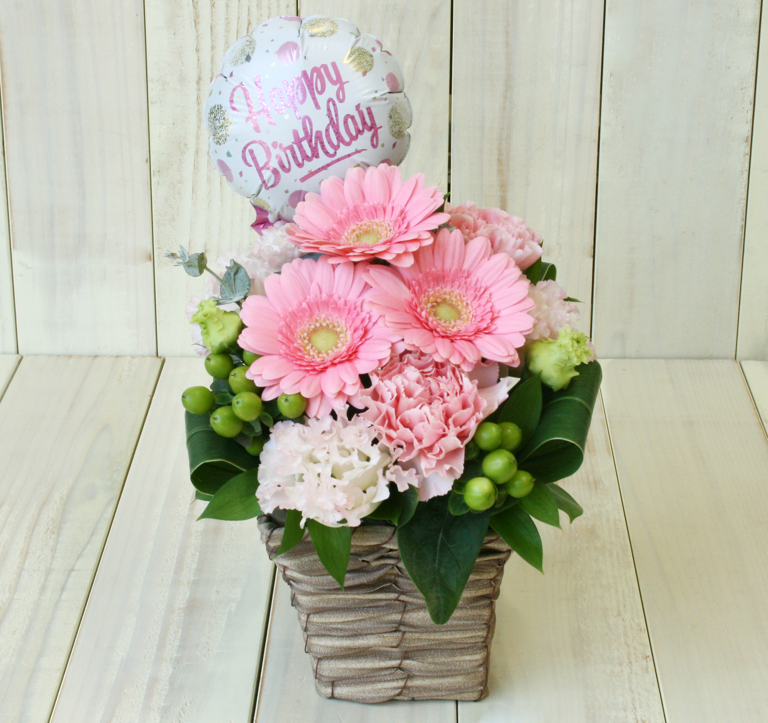 HAPPY BIRTHDAY生花アレンジメント-ピンク系